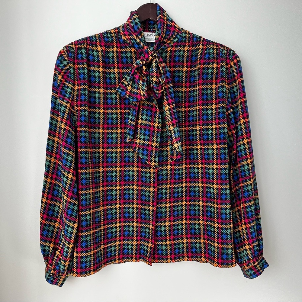 VTG CIAO SPORT Women’s 14 Multicolor Houndstooth Silk Tie Neck Blouse RETRO CHIC - Picture 3 of 10